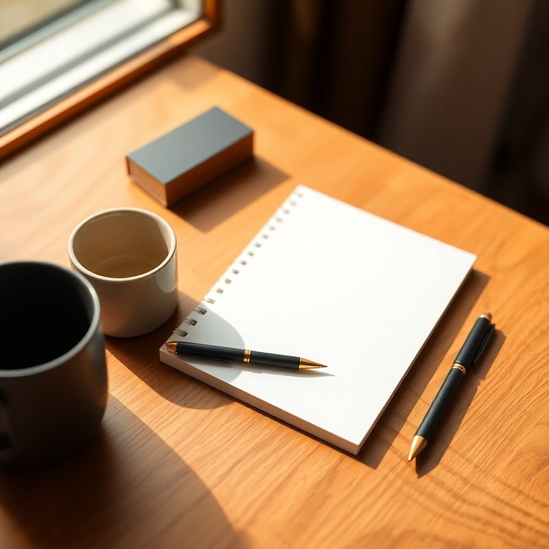 Birou minimal cu notepad auriu, stilou charcoal și o ceașcă ceramică, în lumină caldă