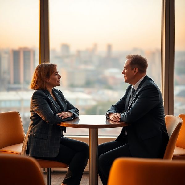Doi consultanți ConsultCore în conversație la o masă rotundă, cu Constanța în fundal