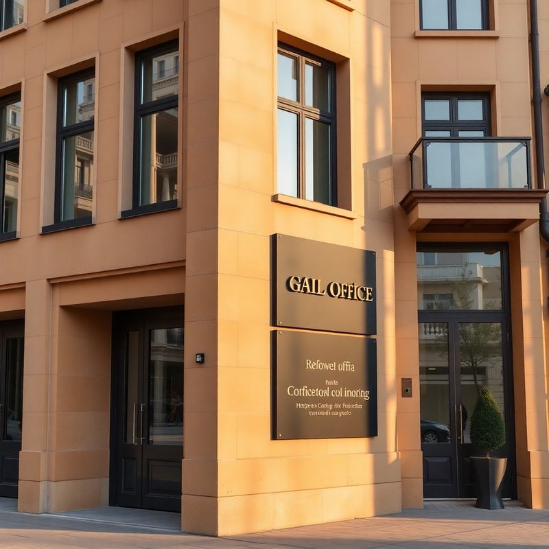 Fațada unei clădiri de birouri din piatră ocru, cu semnalistică charcoal și litere aurii